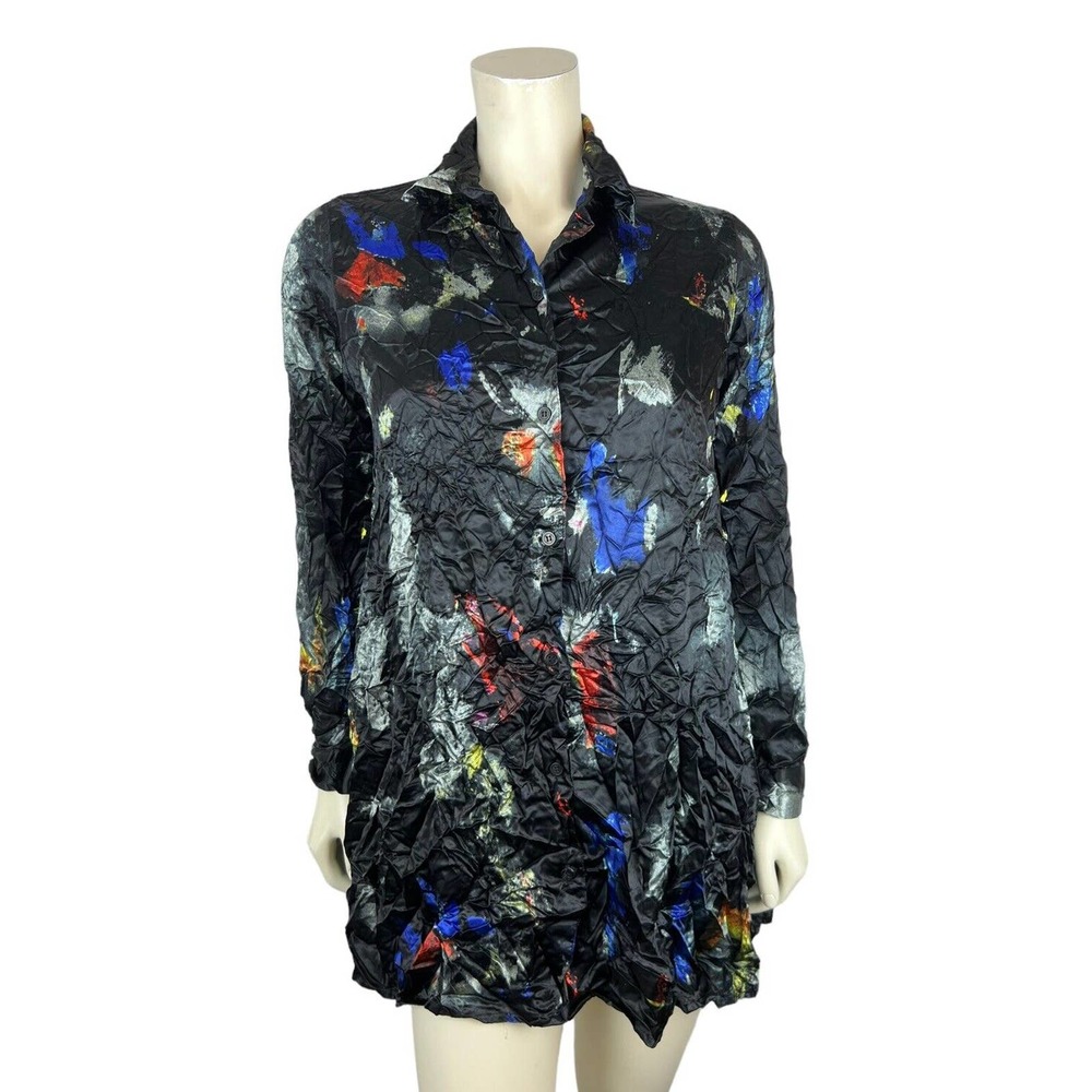 Comfy USA Abstract Print Crinkled Top XS Button Down Long Sleeve Art to Wear